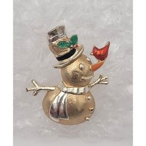Vintage Danecraft Happy Silver & Gold Tone Snowman Cardinal On Nose Brooch Pin